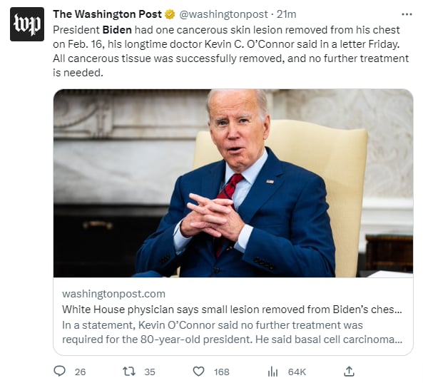 Joe Biden fue operado con éxito de un carcinoma en febrero