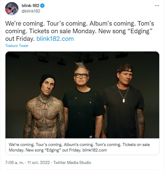 Blink-182 announces its return to the stage with tour and new album