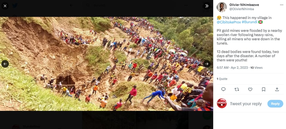 Registran la muerte de 13 mineros por pozos inundados en Burundi