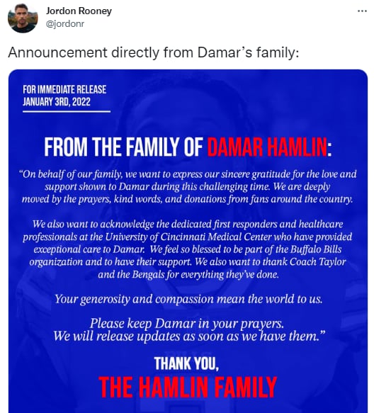 Tras sufrir paro cardíaco, familia del jugador Damar Hamlin rompe el silencio