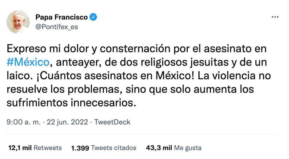 Papa Francisco lamenta el asesinato de los sacerdotes jesuitas