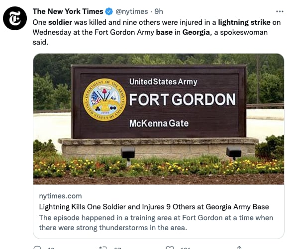 Rayo cae en Fort Gordon en Georgia y mata a un soldado y deja a otros nueve heridos