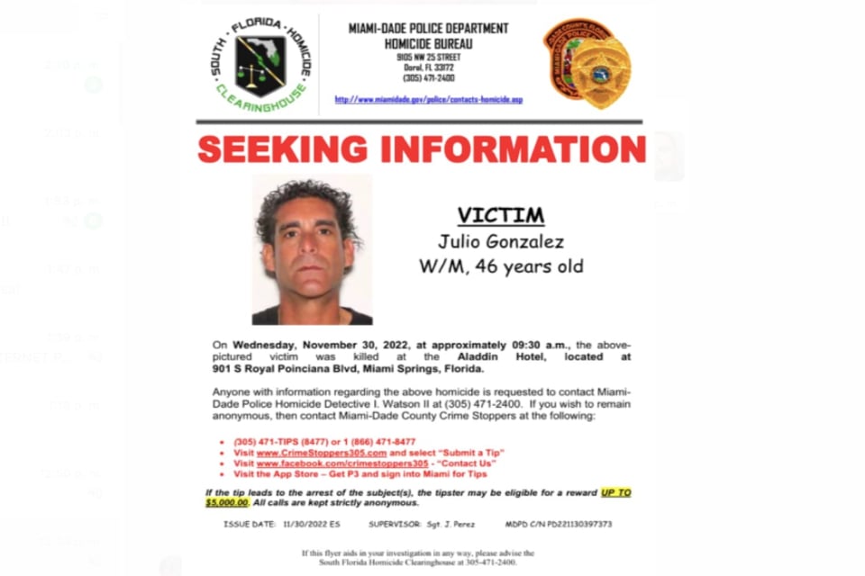 Cartel de Sinaloa ligado al asesinado del huésped Julio González en el hotel Aladdin