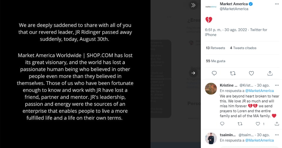 En redes sociales su empresa Market America confirmó su muerte
