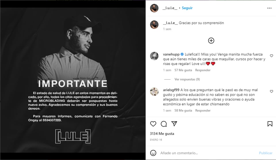 Familiares y amigos confirmaron semanas atrás: "El estado de salud de LULE en estos momentos es delicado"