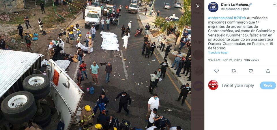 Mueren al menos 17 migrantes en accidente de autobús en México