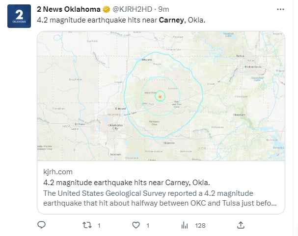 Sismo de magnitud 4.2 'sacude' la mañana de jueves en Carney, Oklahoma