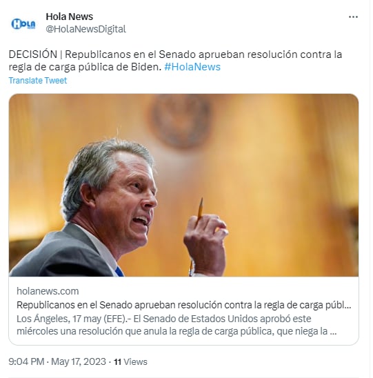 Republicanos en el Senado aprueban resolución contra regla de carga pública de Biden