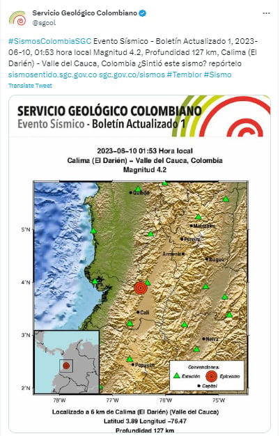 Reportan sismo de magnitud 4.2 en diferentes ciudades de Colombia