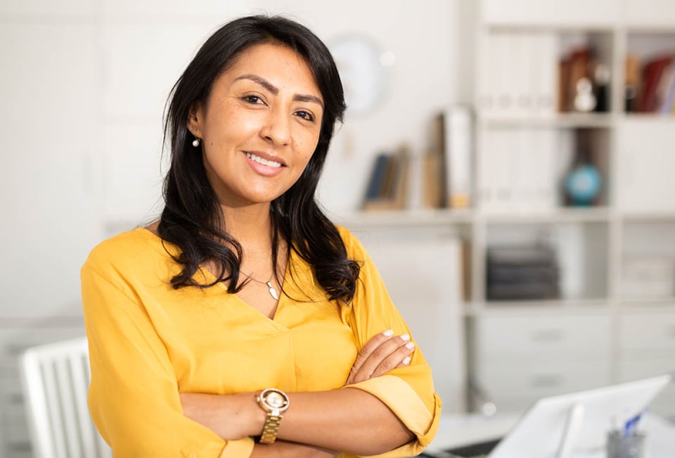 Latin American, woman standing, office, salary