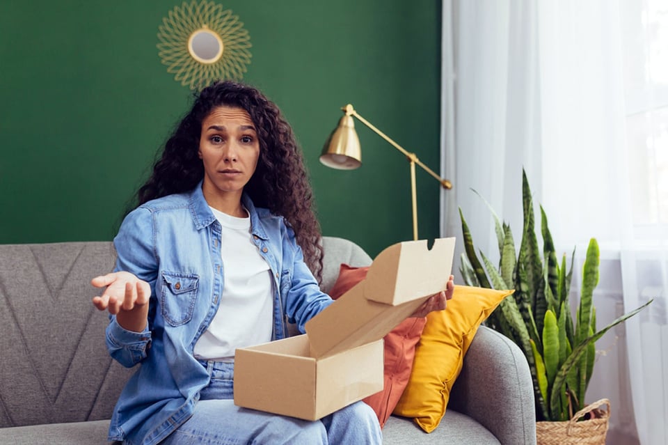 unsatisfied female shopper, online store, return merchandise