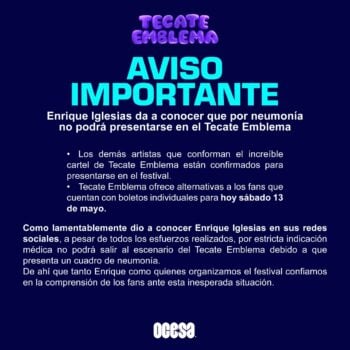 Enrique Iglesias cancela concierto en México, el festival anunció que no podrá por problemas de salud