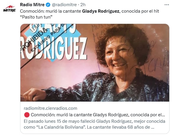 Muere cantante Gladys Rodríguez