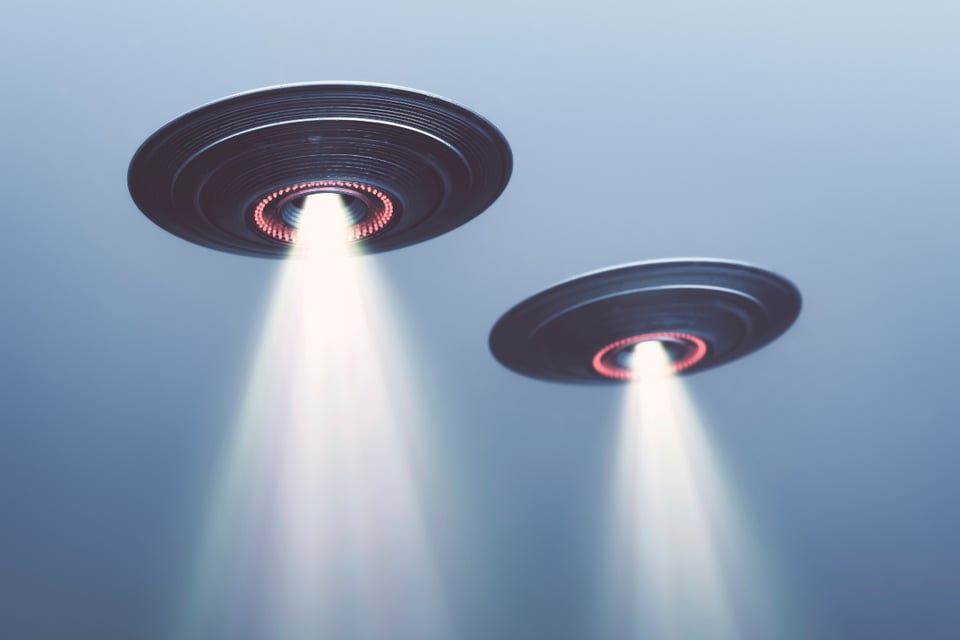 Illustration, UFOs, flying, fog, light below