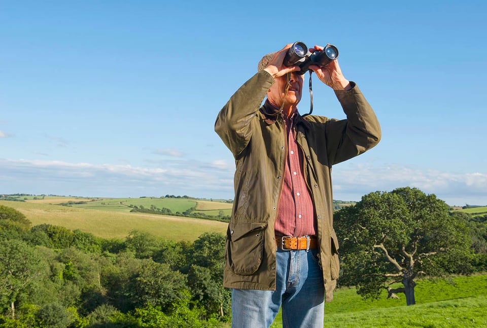 man, bird watching, binoculars, rural, field