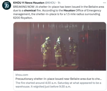 Alerta incendio químico Houston