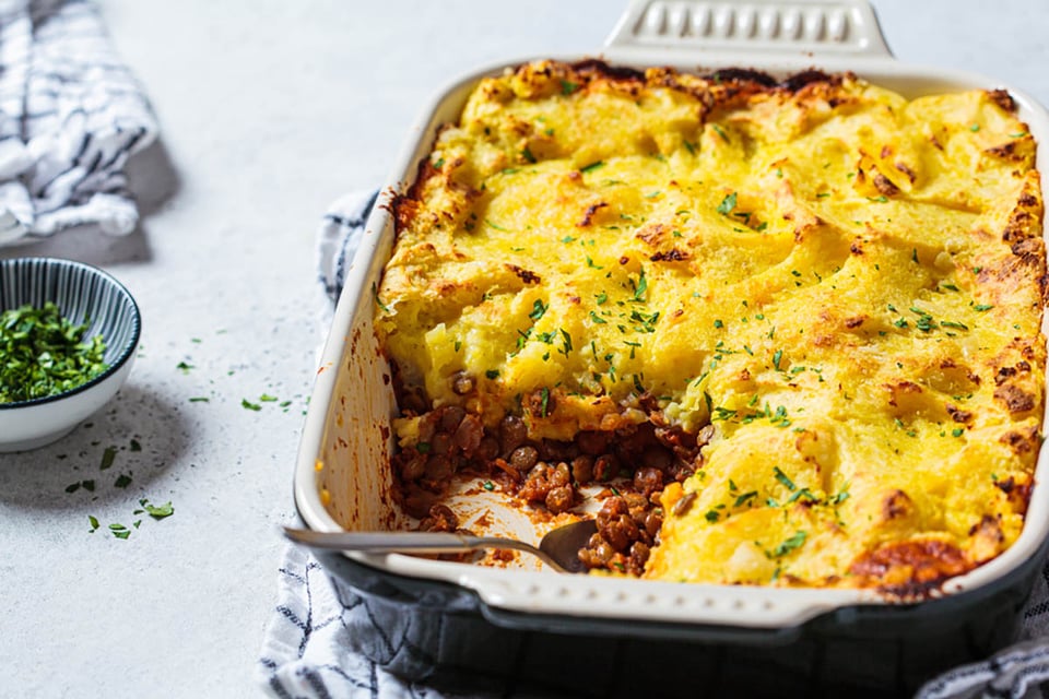 pastel de pastor, vegano, lentejas, patatas, comida