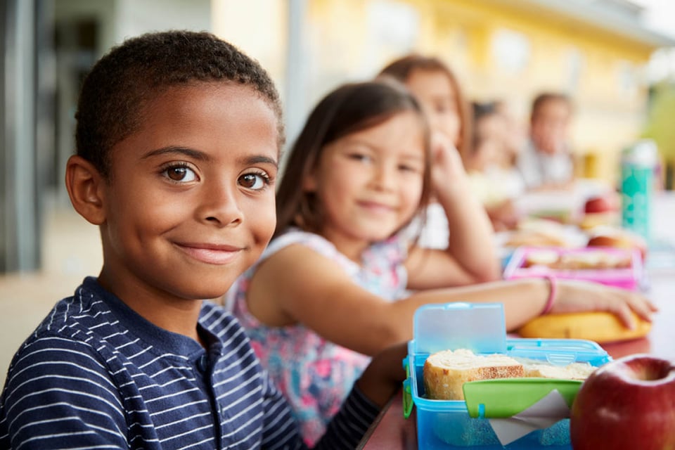 Young boy and girl, school lunch