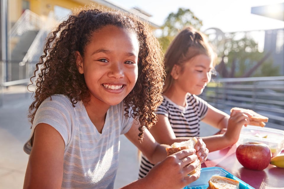 Girls, school lunch table, Healthy school lunch