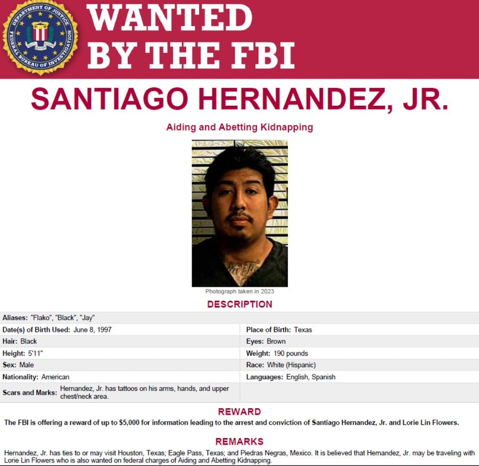 Recompensa que ofrece el FBI por la captura de Santiago Hernández