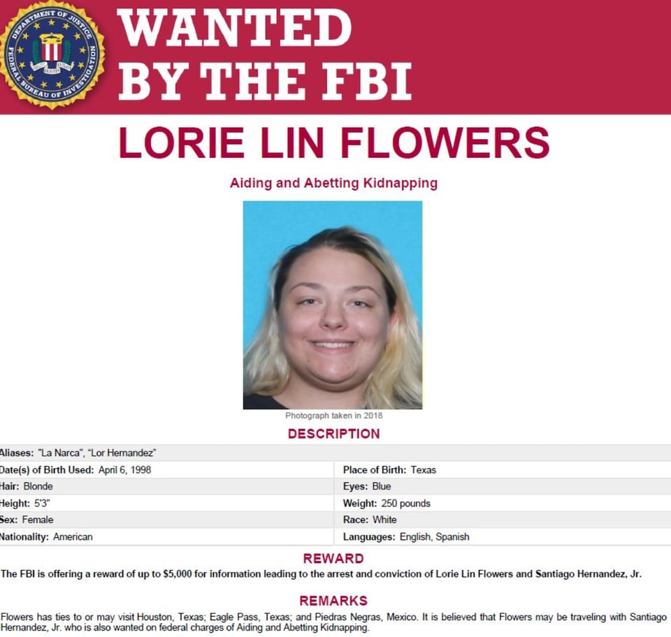 Recompensa que ofrece el FBI por Lorie Lin Flowers