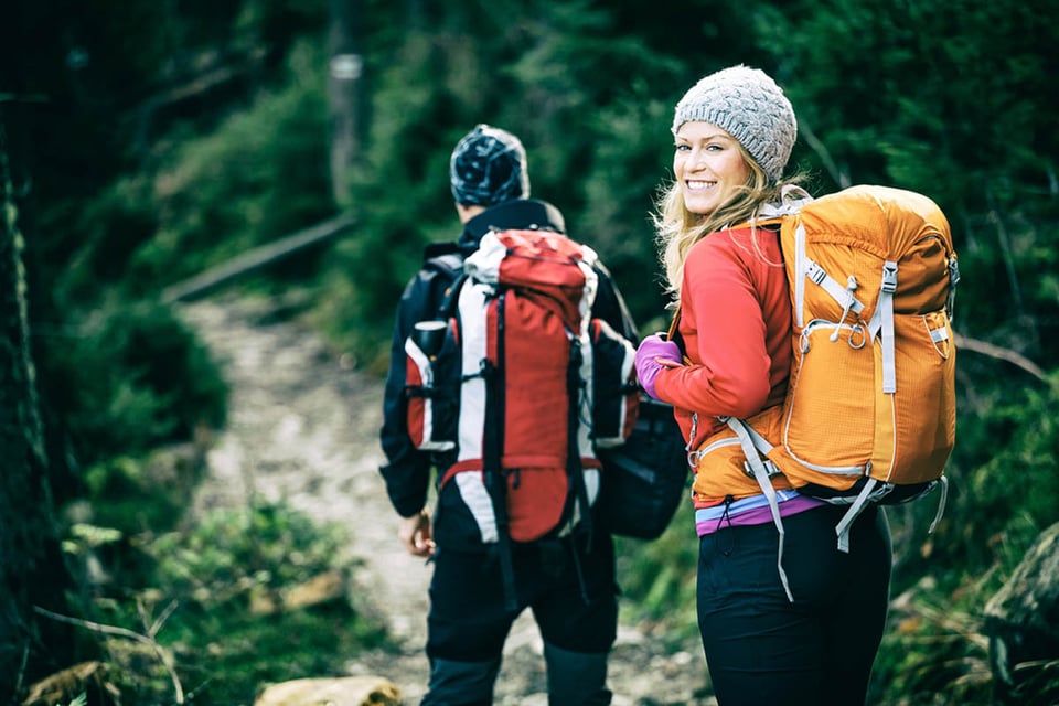 hikers in mountains, couple, walking, backpacks, forest,