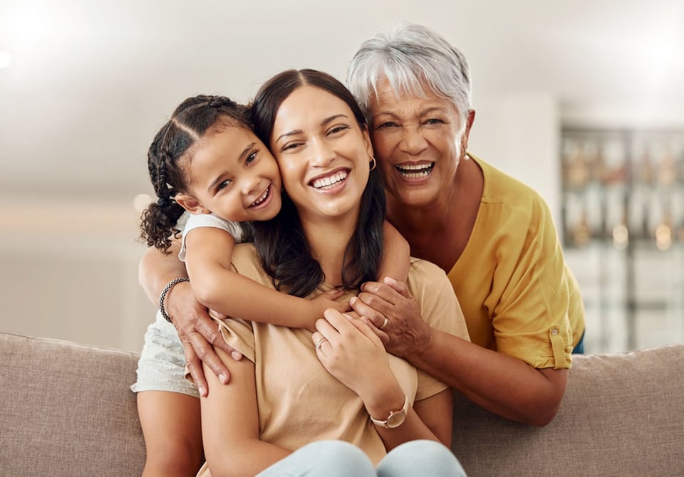 Happy family, hugging, Grandmother, Mom, Child