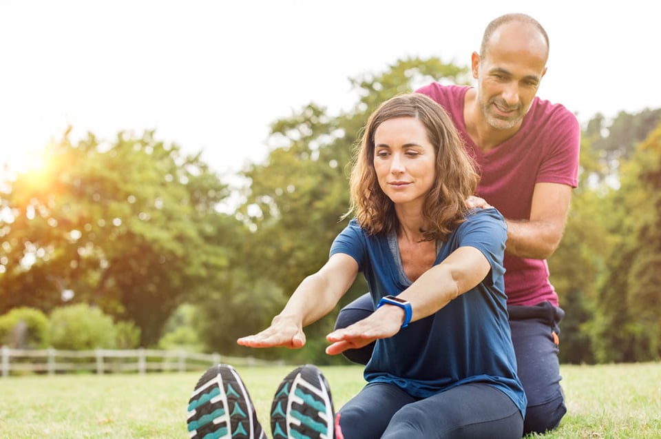 couple, exercise, outdoors, grass, woman