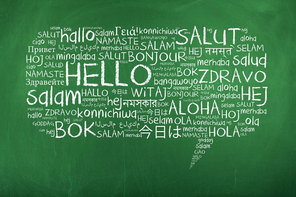 Hello Speech Bubble Word Cloud on Chalkboard, Different Languages
