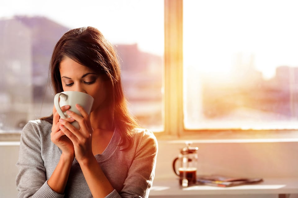Woman, drinking, coffee, kitchen, mindful new year's resolutions