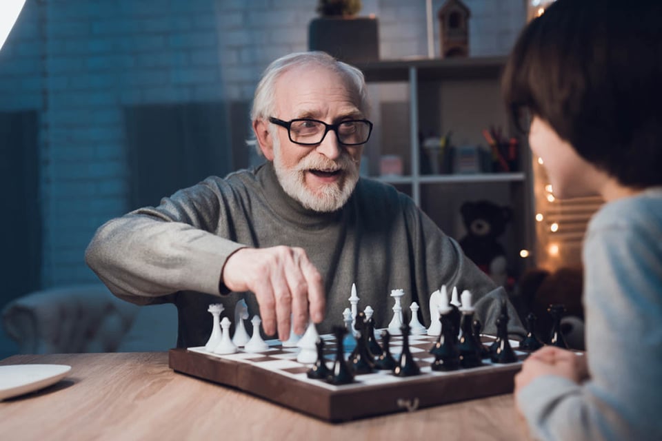Grandfather, grandson, game, table, home