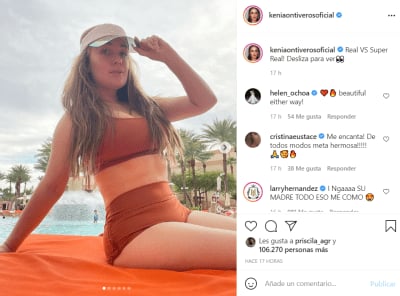 "Real VS Super real" Kenia Ontiveros writes at the bottom of the photographs where she shows her true body