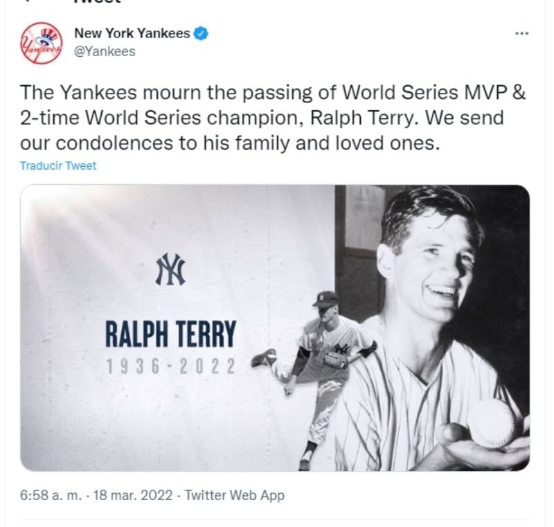 Ralph Terry, Yankees baseball player, dies