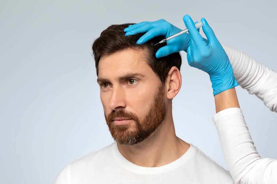 Hombre de mediana edad, tratamiento capilar, salón de belleza, sesión de mesoterapia,