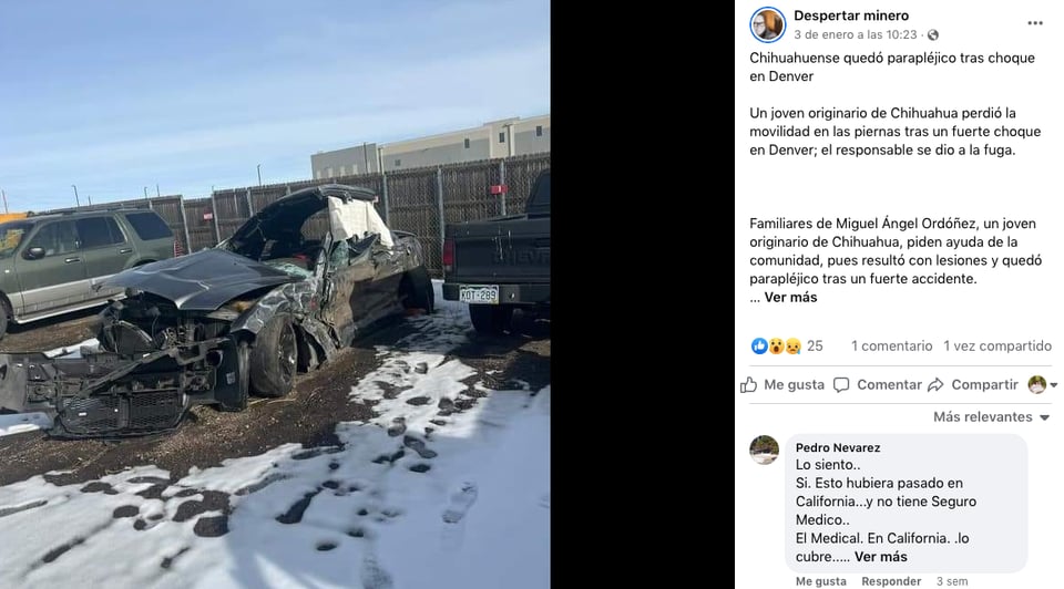 Esta es la imagen de cómo quedó el auto del hispano que ahora necesita ayuda. Imagen Facebook Despertar minero