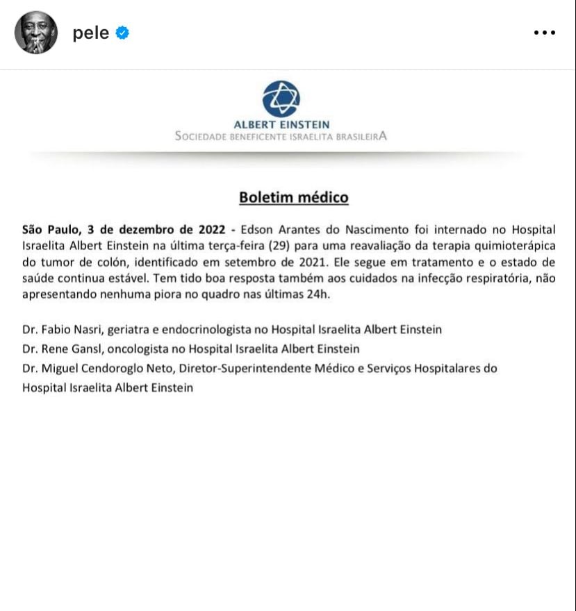 El hospital dice la verdad de la salud de Pelé