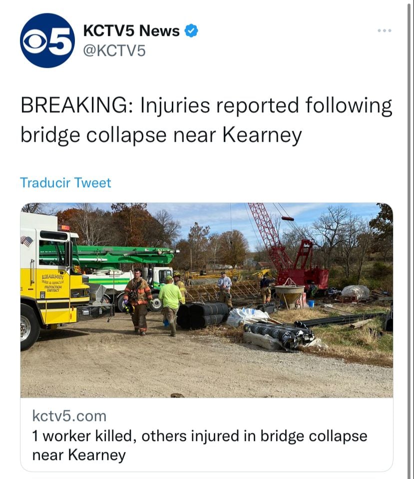 Dan los detalles del derrumbe de puente en Missouri