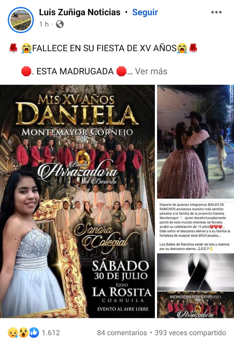 Quinceañera muere en fiesta