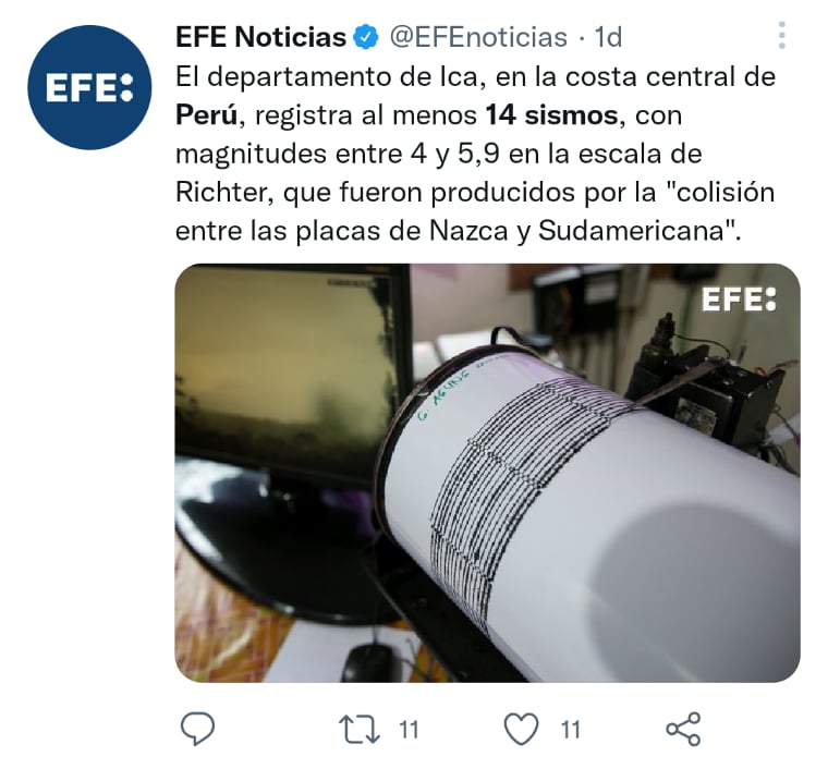 14 sismos en Perú