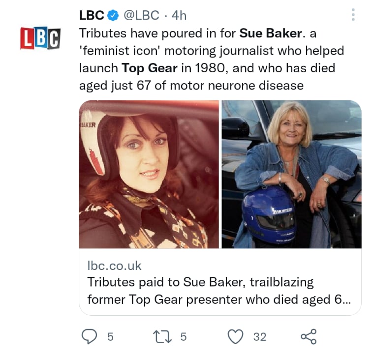 Muere exconductora Sue Baker