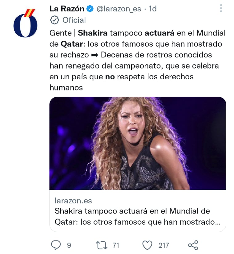Una periodista se encargó de corroborar que la cantante colombiana no participará en Qatar