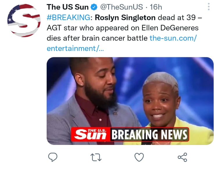 Muere estrella Roslyn Singleton
