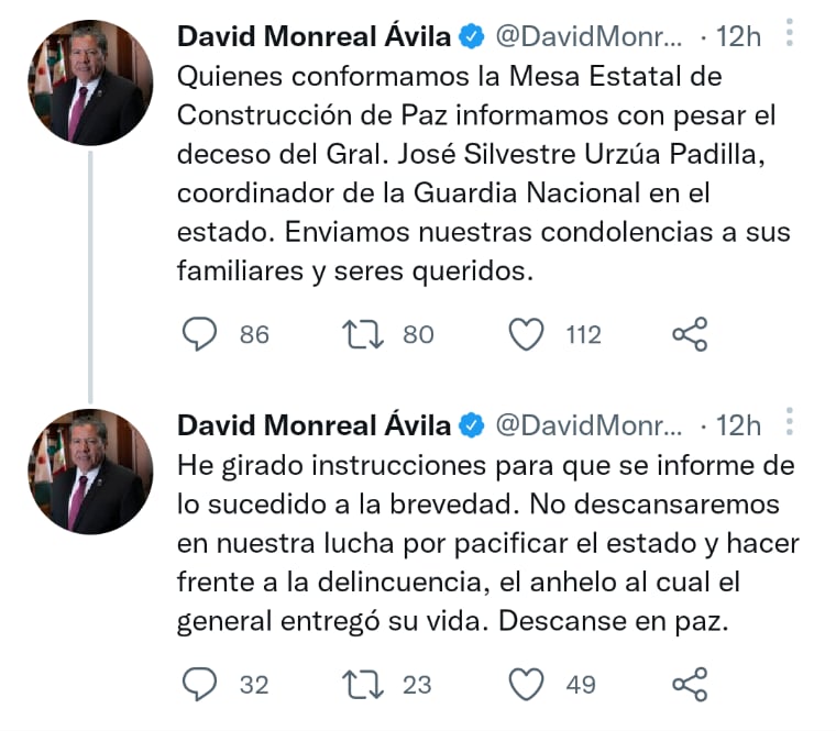 El gobernador de Zacatecas rindió sus condolencias tras la muerte del general José Urzúa Padilla