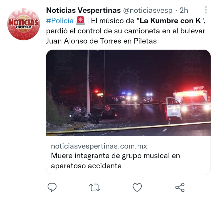 Muere músico aparatoso accidente