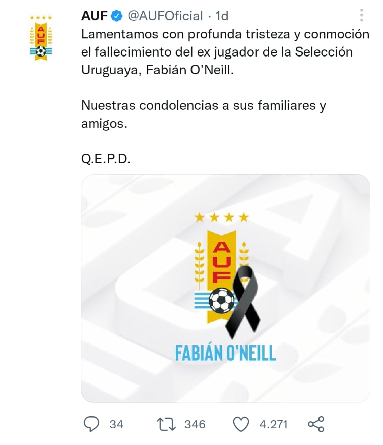 Muere exfutbolista Fabián O'Neill