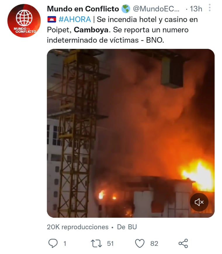 Incendio hotel casino Camboya