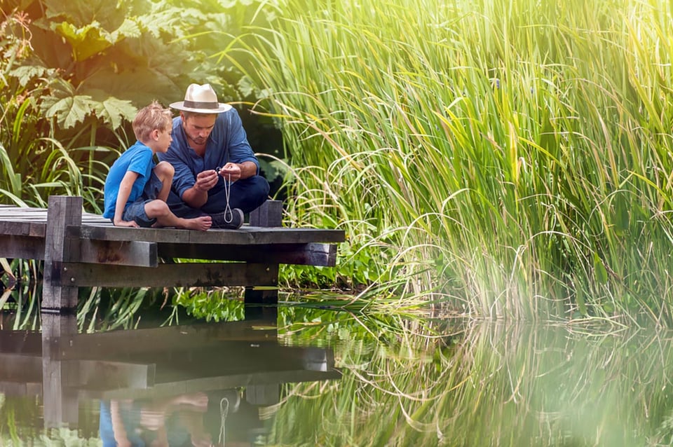 father's day, son, fishing, rod, river, nature