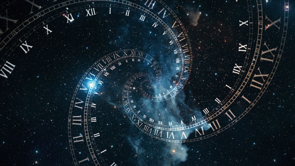 Roman numerals in a spiral with a nebula background