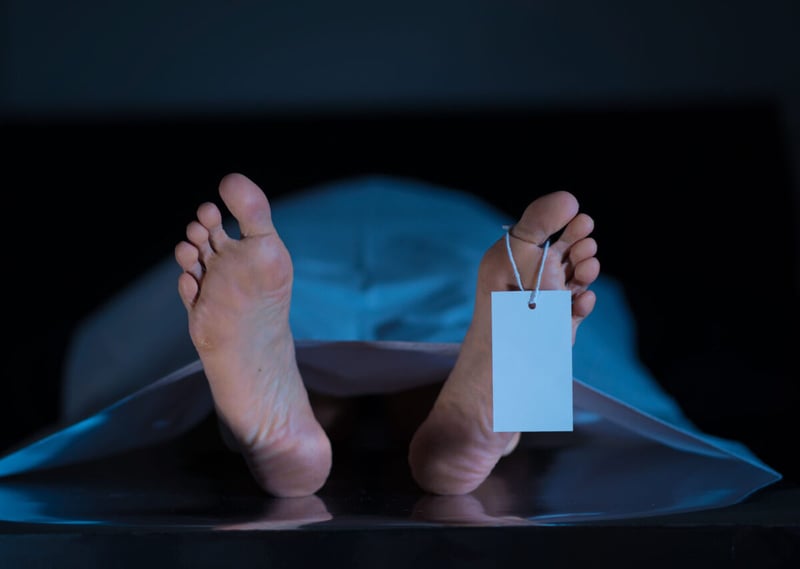 View of corpse's feet in the morgue