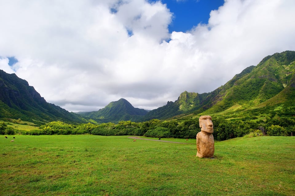 Field, Mountain, Sky, Clouds, Moai